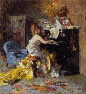  old Oil Painting - Woman at a Piano genre Giovanni Boldini